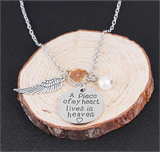 Angel Wing Necklace with Pearl - Engraved Round -  " A piece of my heart lives in heaven "