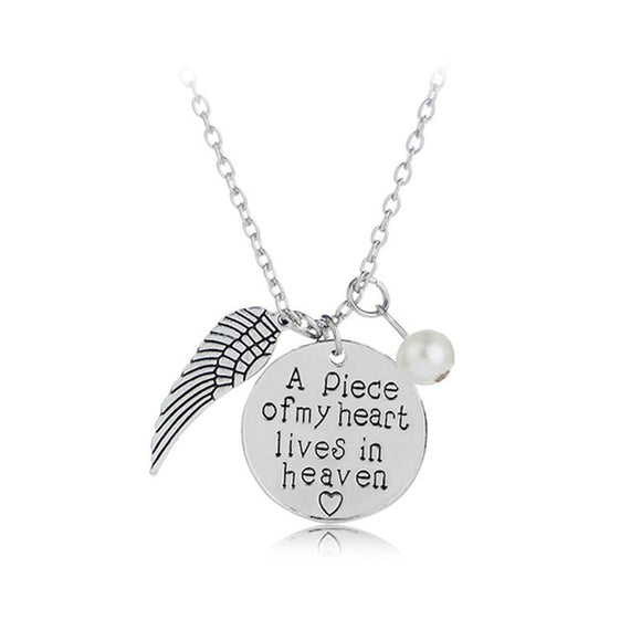 Angel Wing Necklace with Pearl - Engraved Round -  