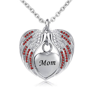Stainless Steel  Heart Wrapped in Angel Wings Pendant - Mom's Birthstone Cremation Necklace