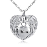 Stainless Steel  Heart Wrapped in Angel Wings Pendant - Mom's Birthstone Cremation Necklace