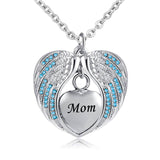 Stainless Steel  Heart Wrapped in Angel Wings Pendant - Mom's Birthstone Cremation Necklace