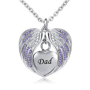 Stainless Steel  Heart Wrapped in Angel Wings Pendant - Dad's Birthstone Cremation Necklace
