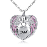 Stainless Steel  Heart Wrapped in Angel Wings Pendant - Dad's Birthstone Cremation Necklace