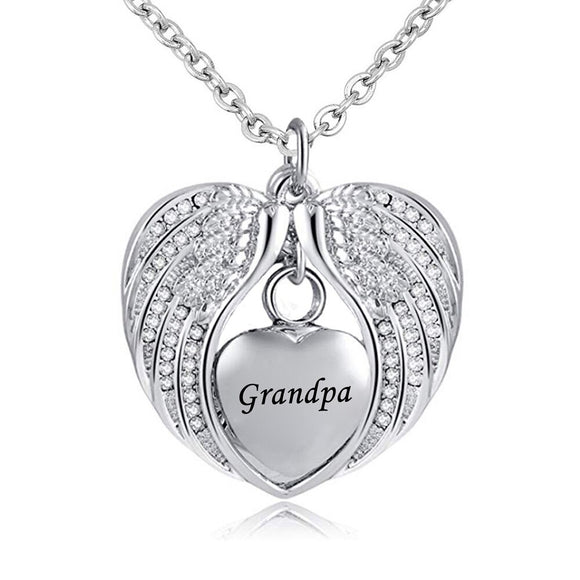 Stainless Steel  Heart Wrapped in Angel Wings Pendant - Grandpa Cremation Necklace