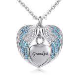 Stainless Steel  Heart Wrapped in Angel Wings Pendant - Grandpa Cremation Necklace