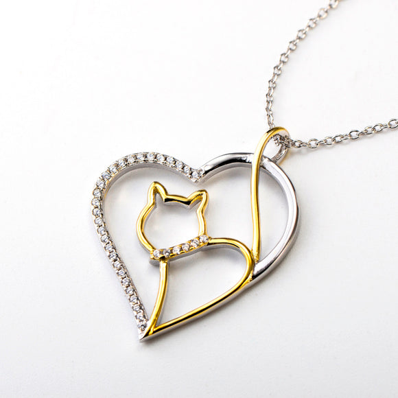 Stunning and Elegant Silver Heart with Gold colored Kitty Cat Pendant