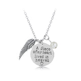 Angel Wing Necklace with Pearl - Engraved Round -  " A piece of my heart lives in heaven "